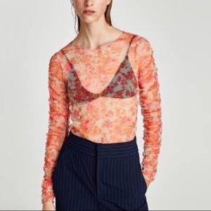 ZARA Sheer Blouse Size Large Sheer Floral TopOrange, Pink Long Sleeve Y2K